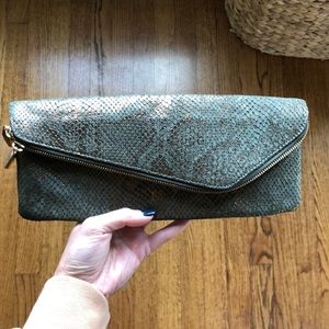 Henri Bendel green and gold snakeskin print clutch